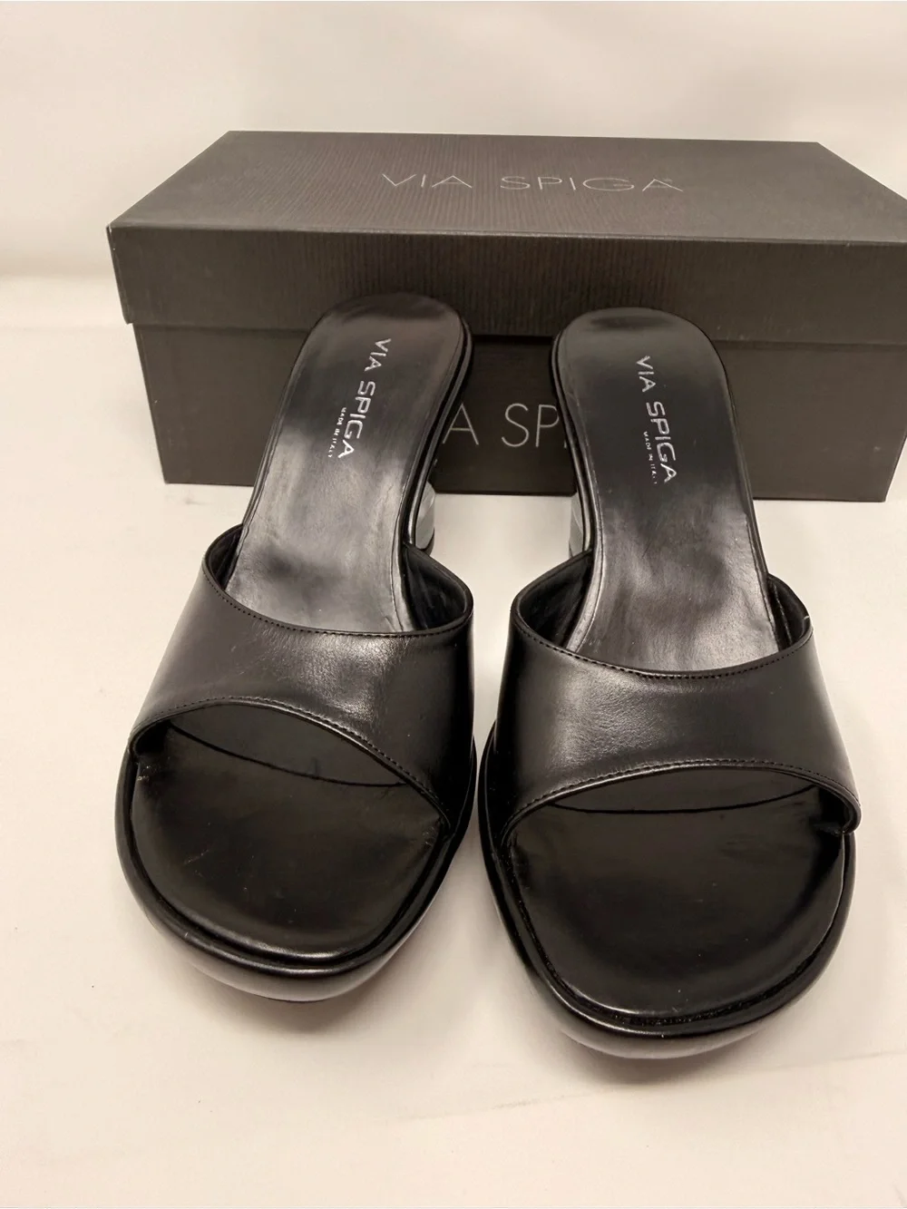 Via Spiga Black Leather Wedge Slide Sandals with Striped Heel